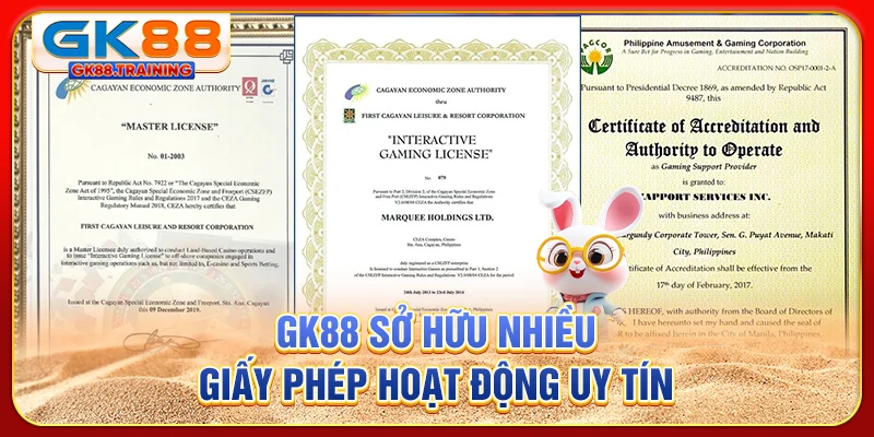 GK88 sở hữu nhiều giấy phép hoạt động uy tín